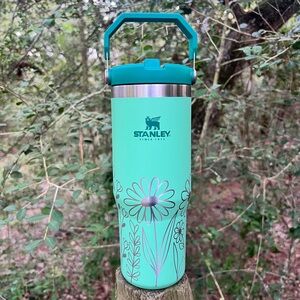 Floral Stanley 30oz Flip Straw Water Bottle in Jade Green.